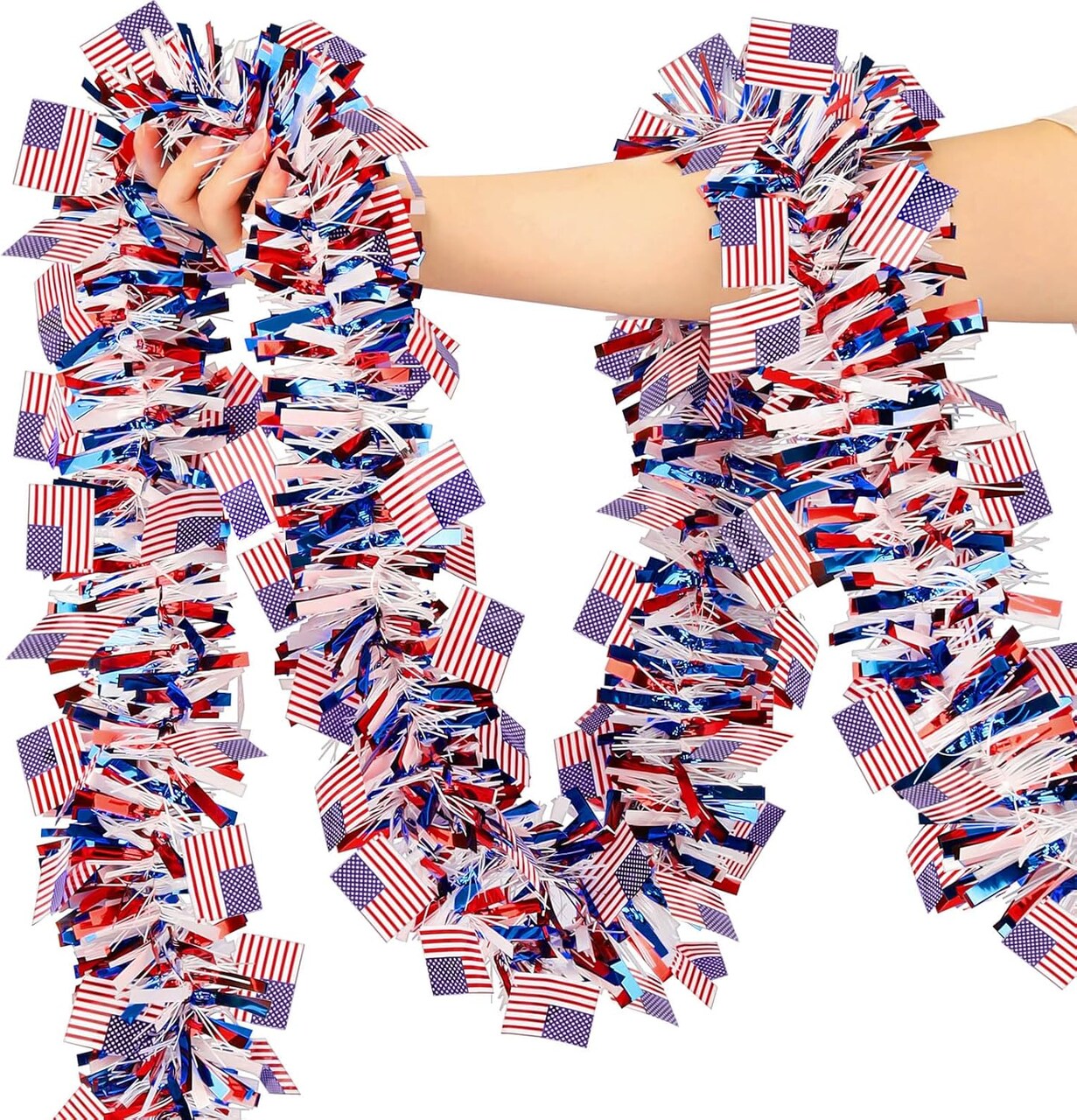 4th of July Decoration Red White Blue Tinsel Garland, Patriotic Decor Parade Golf Cart Metallic Shiny Glitter Tinsel for Memorial Day Independence Day(Style B)